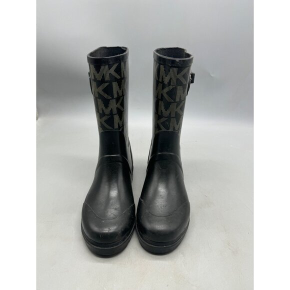 Michael Kors Women's Gold Logo Tall Rain Boots Wellies Black Buckle Boot Size 6 - Picture 3 of 10